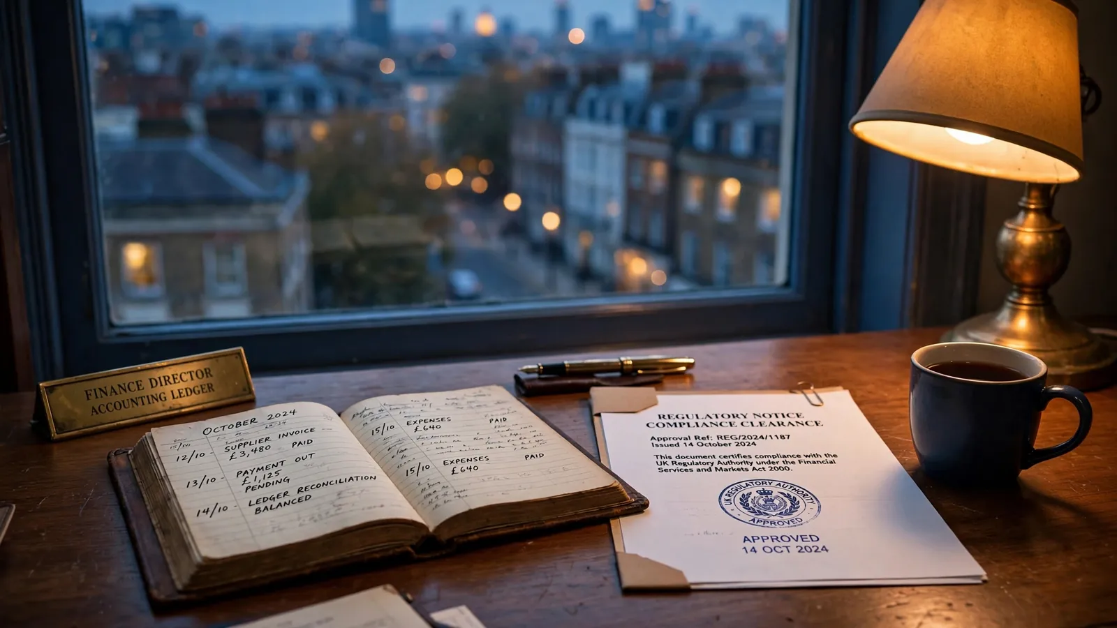 Official UK regulatory desk with stamped licence document at dusk