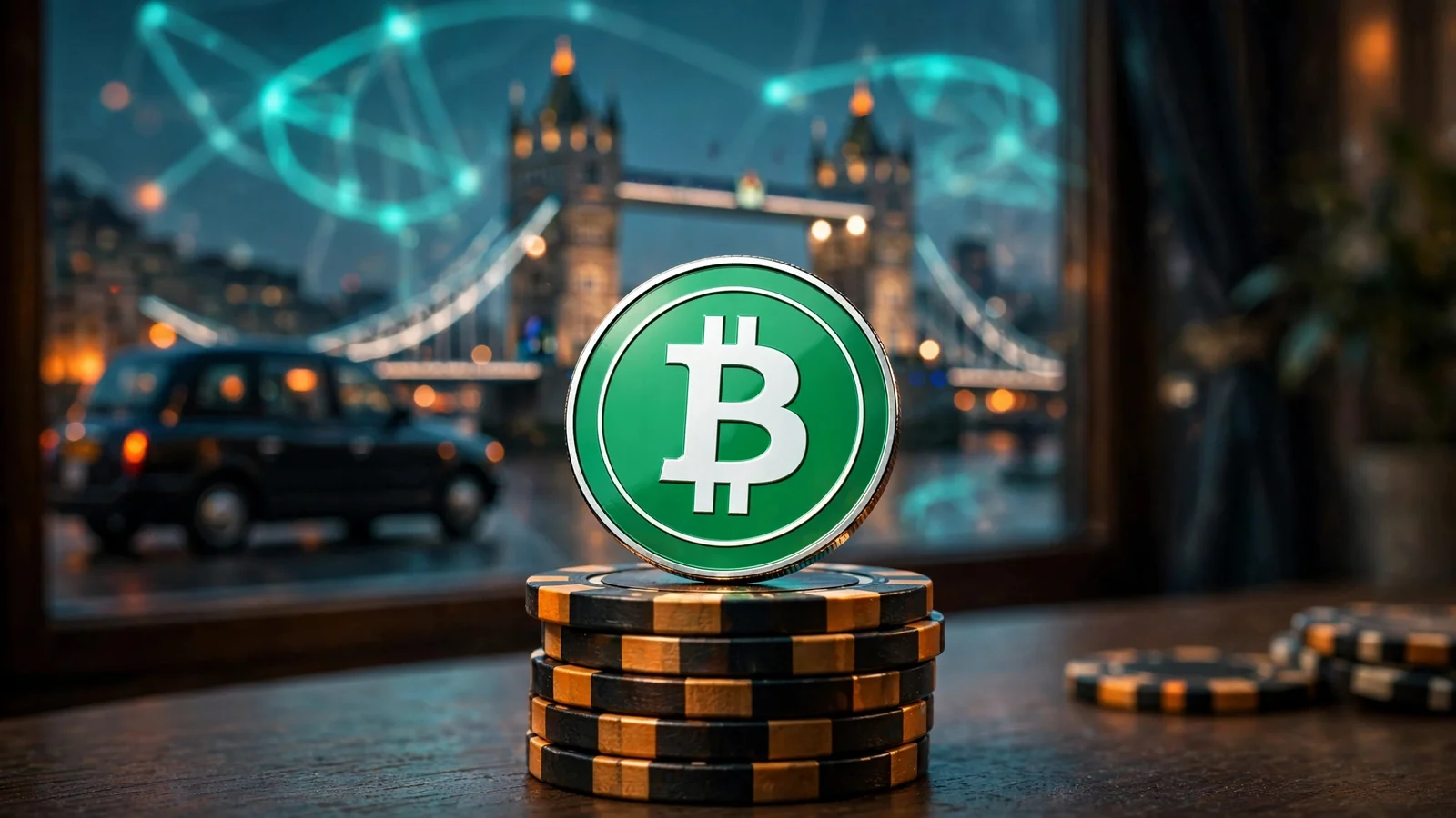 Bitcoin Cash coin on casino chips with London skyline in background