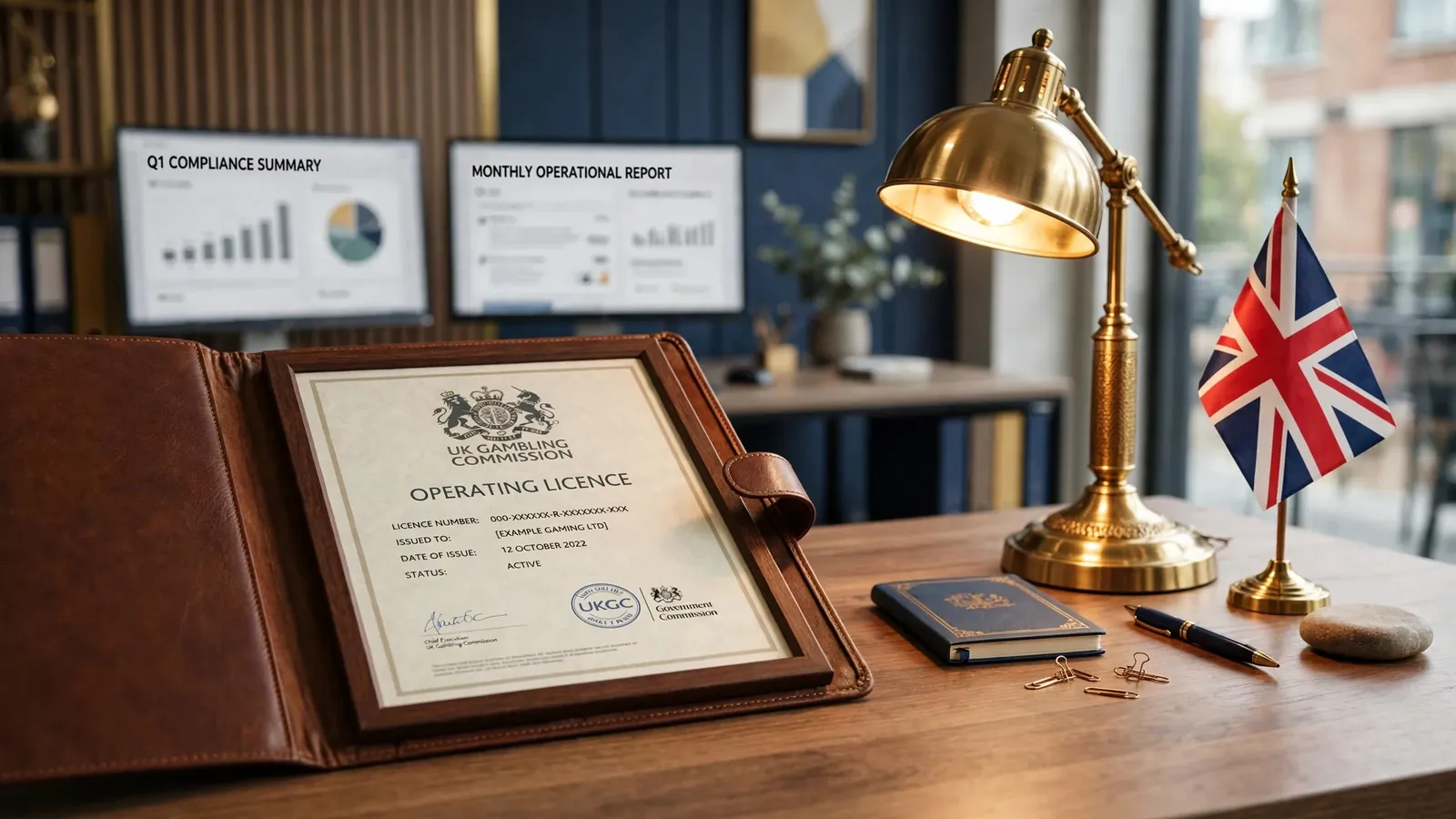 UK Gambling Commission licence on a desk in a British office