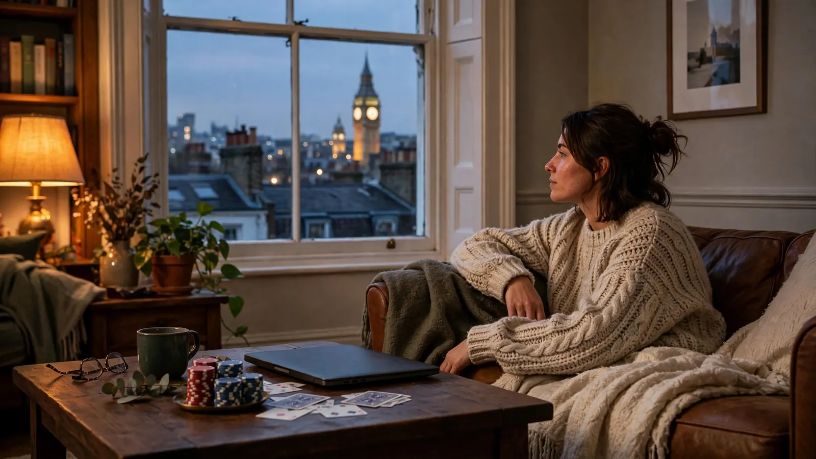 British living room with poker chips, closed laptop, and London skyline at twilight