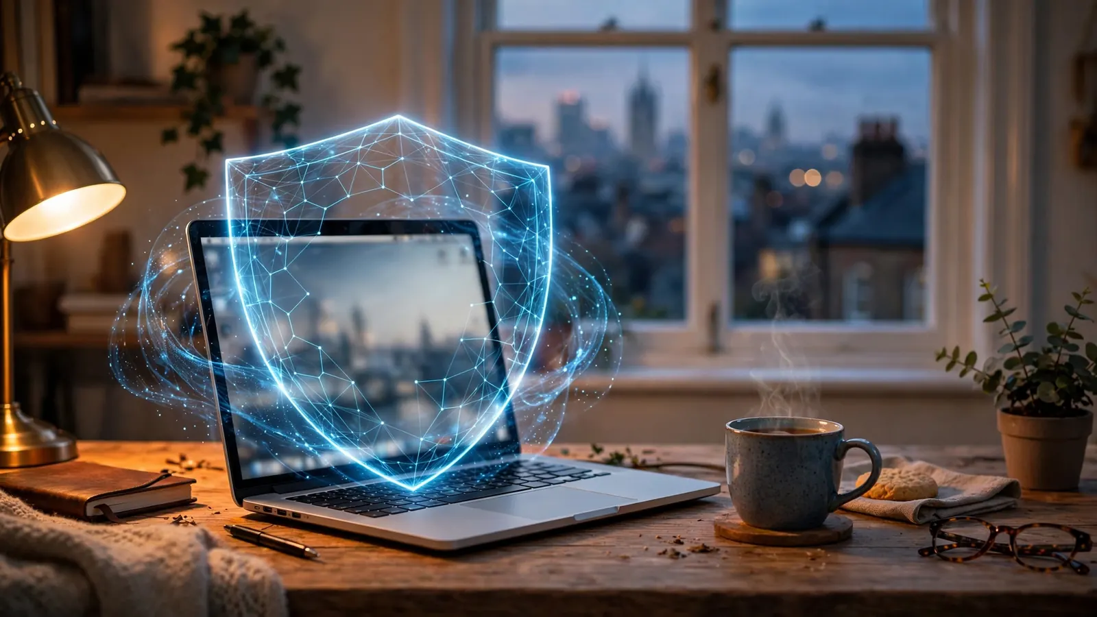 Laptop protected by a glowing VPN shield on a desk with London skyline