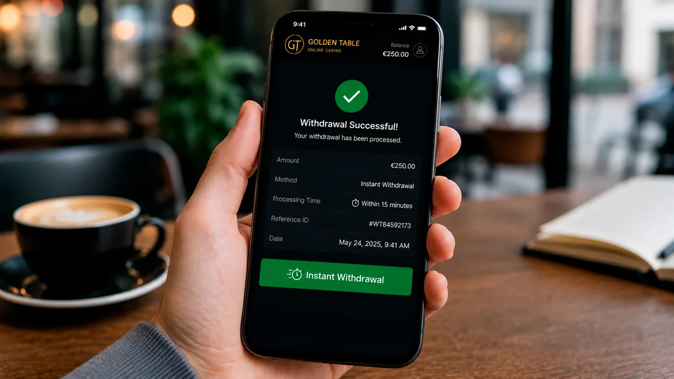 Casino withdrawal screen showing instant payout option for verified UK players