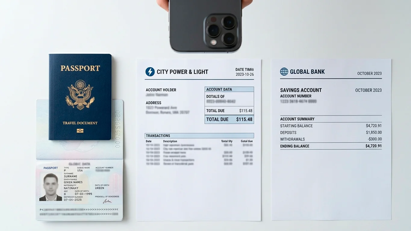 Identity documents laid out for UK casino KYC verification process