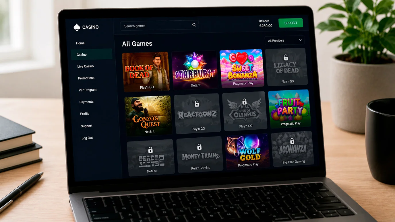 Casino game library screen showing reduced selection available for low-deposit players