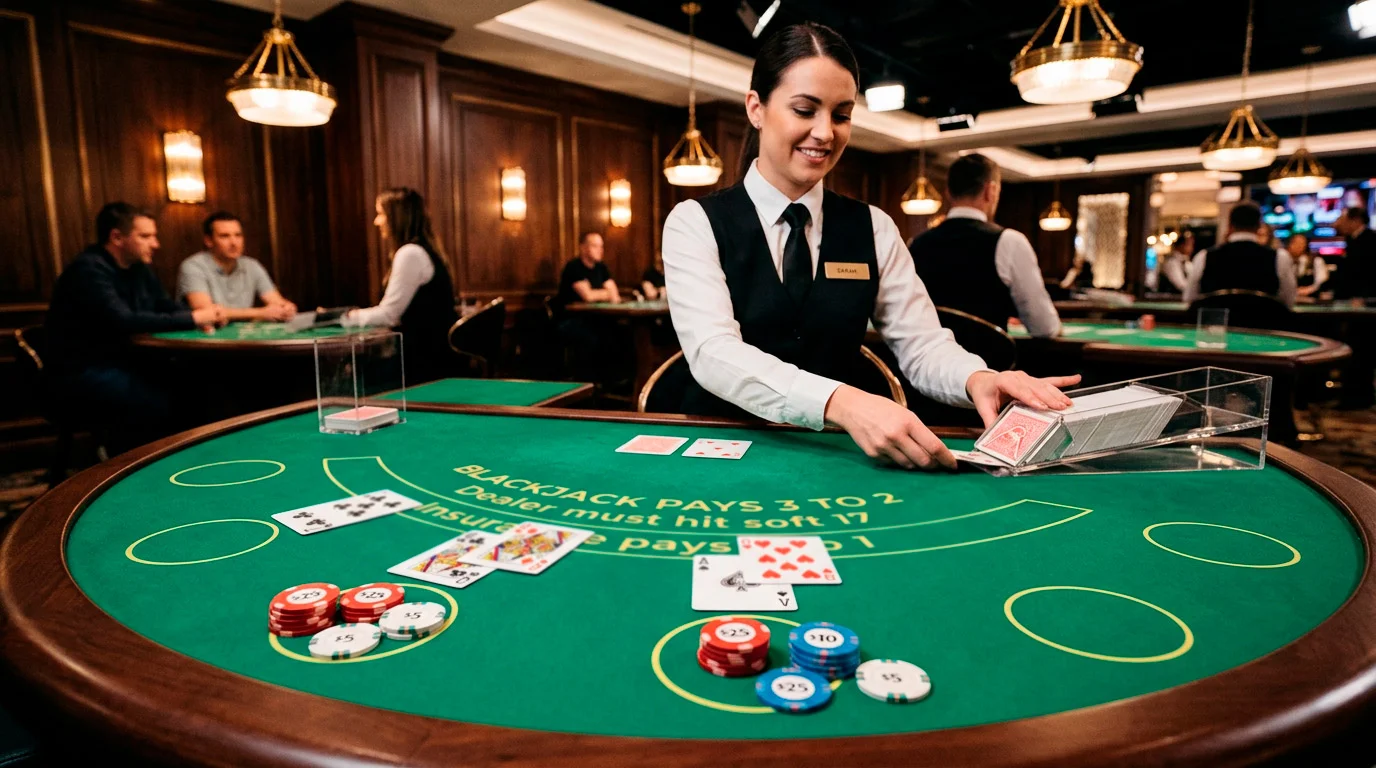 Live blackjack dealer dealing cards at a professional UK casino studio table