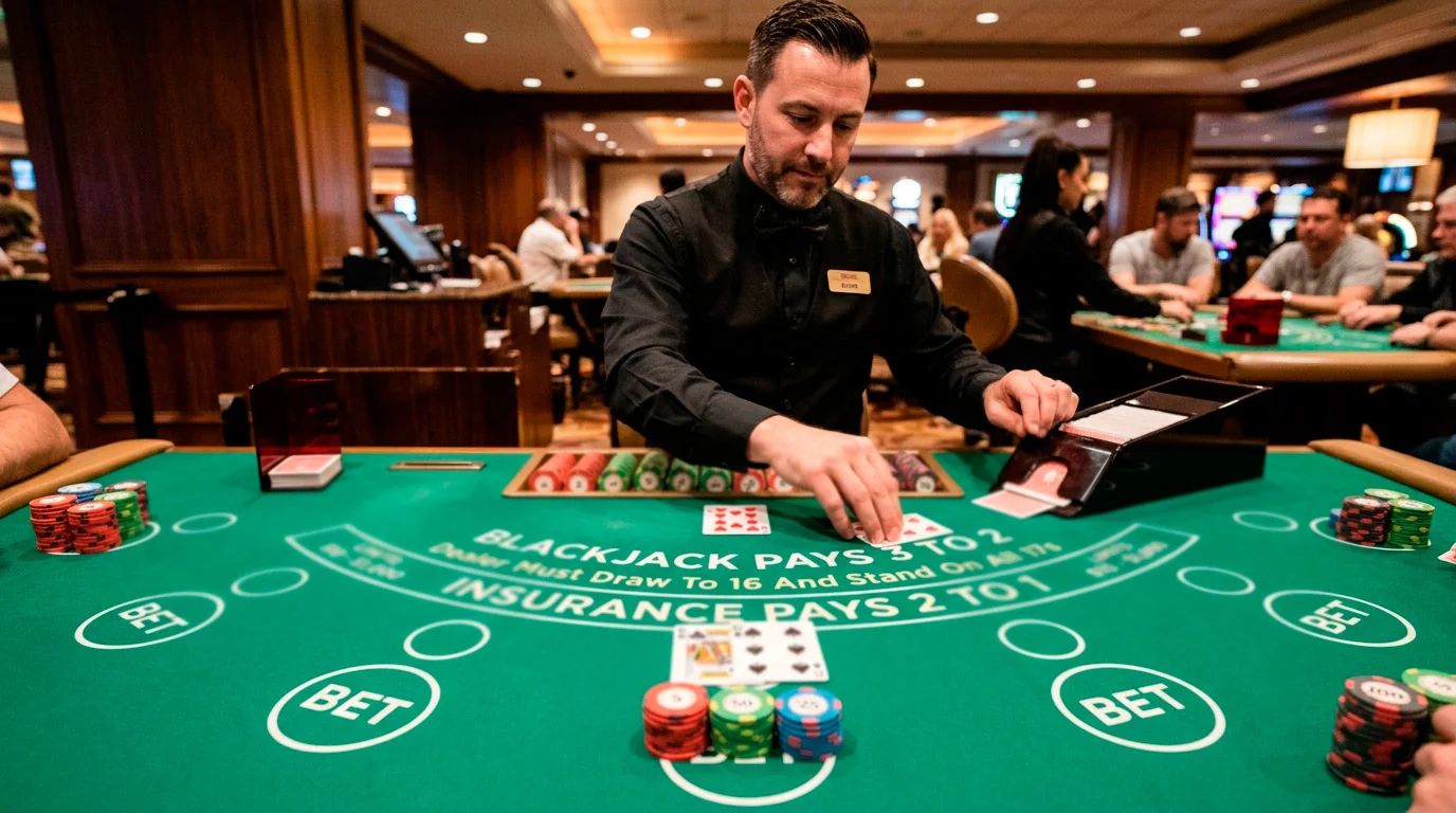 Live blackjack table at a UK casino with cards dealt and chips placed