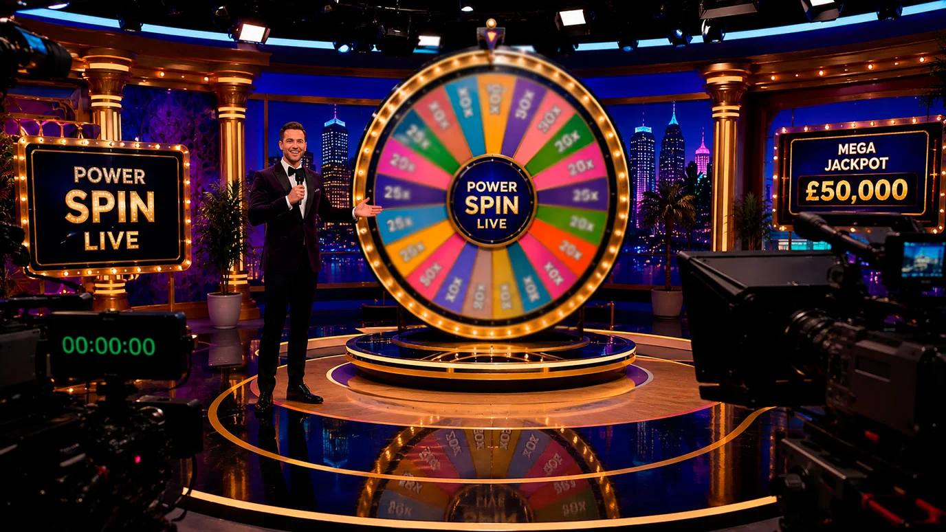 Professional live casino game show studio with colourful set and presenter
