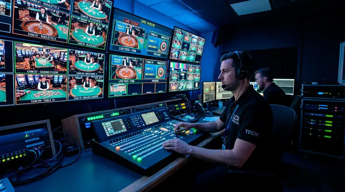 Live casino studio with multiple camera angles and lighting rigs for game streaming