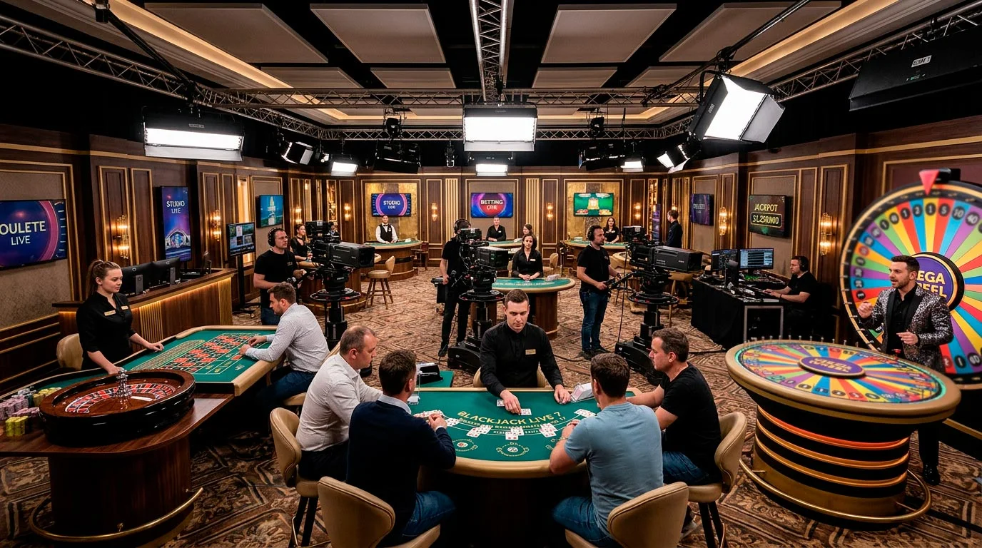 Professional live casino studio showing high-quality dealer table setup