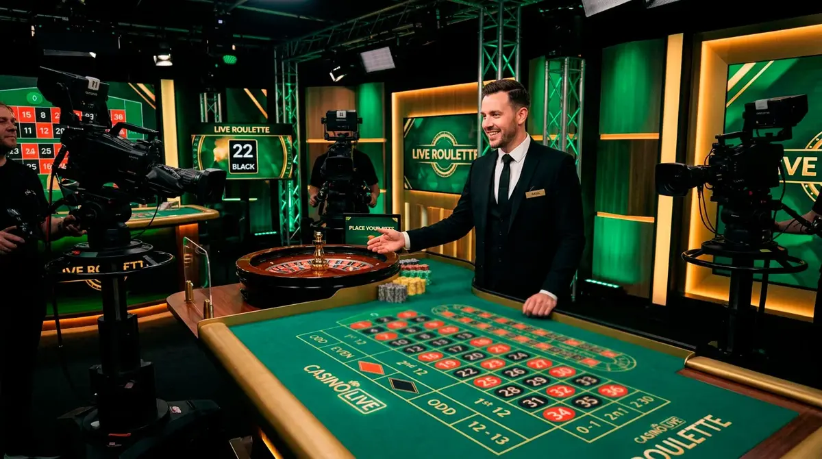 Professional live casino studio with dealer at roulette table streaming to UK players