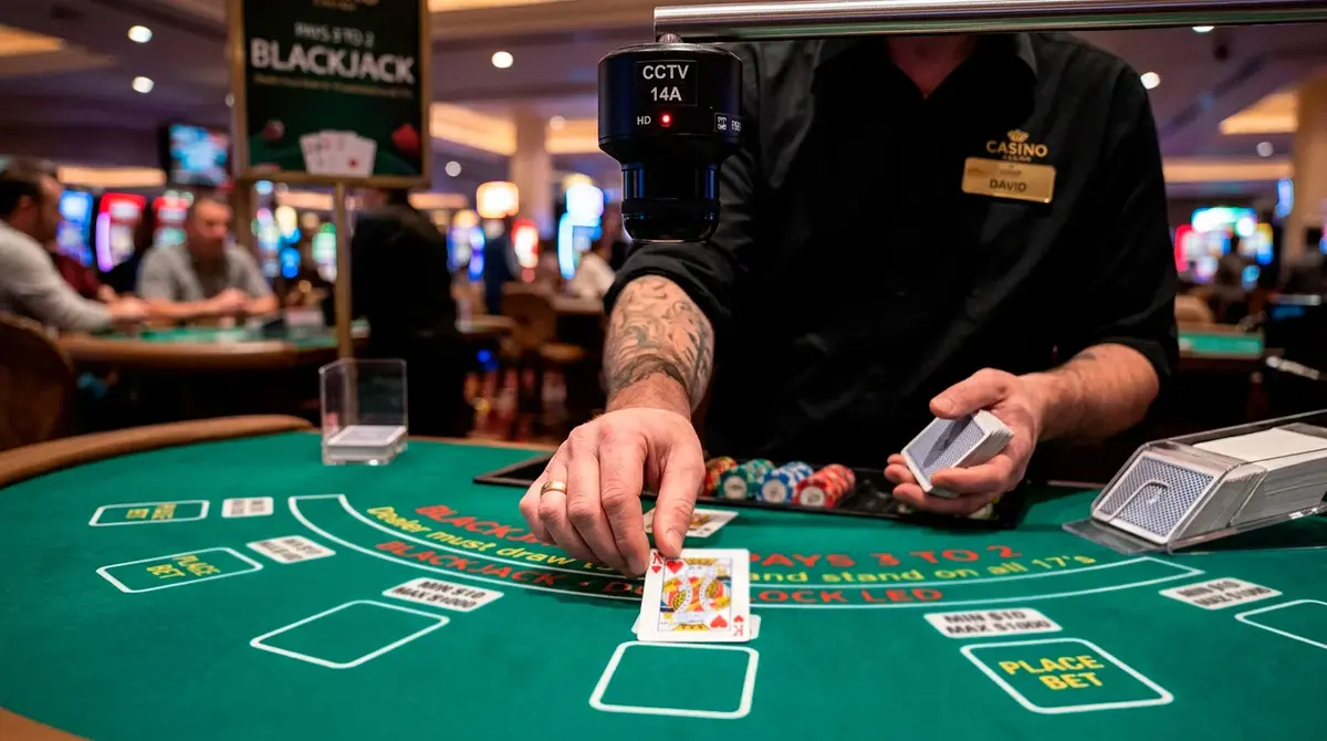 Live dealer at blackjack table with OCR camera scanning dealt cards