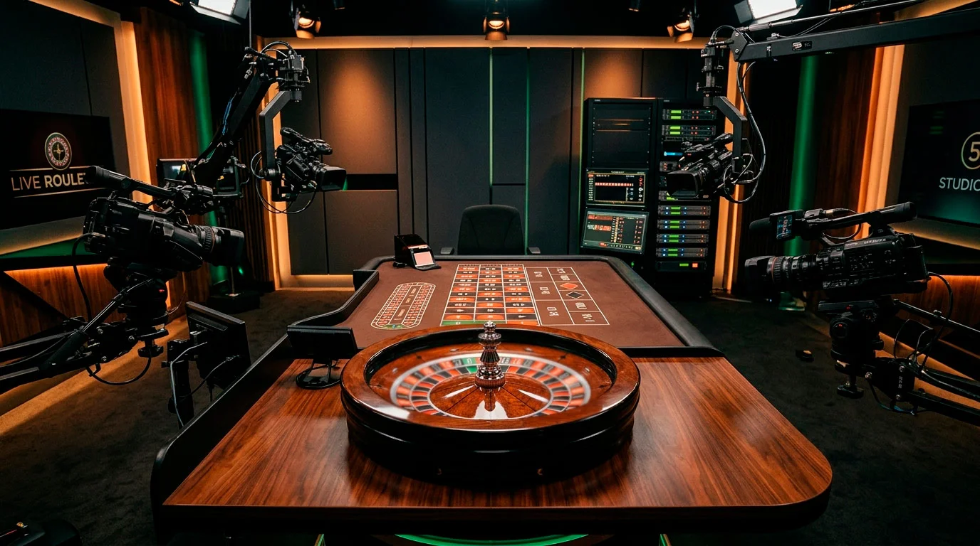 Professional live dealer at a roulette table in a purpose-built casino broadcast studio