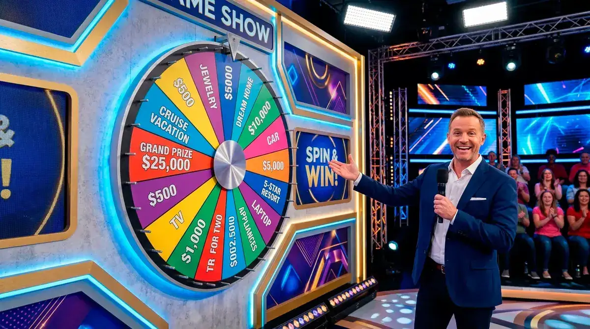 Live casino game show format with presenter at spinning prize wheel
