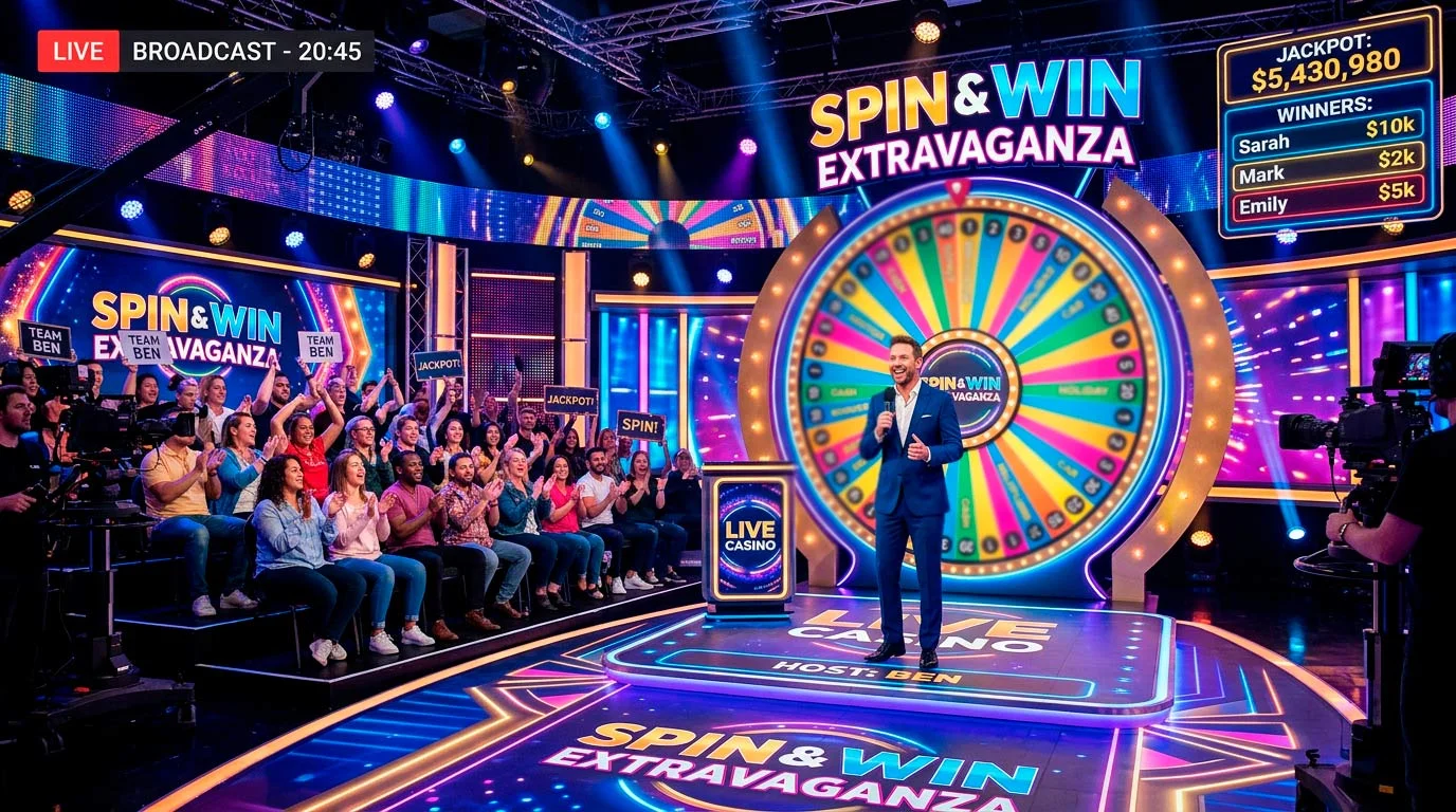 Live casino game show format with colourful wheel and professional presenter