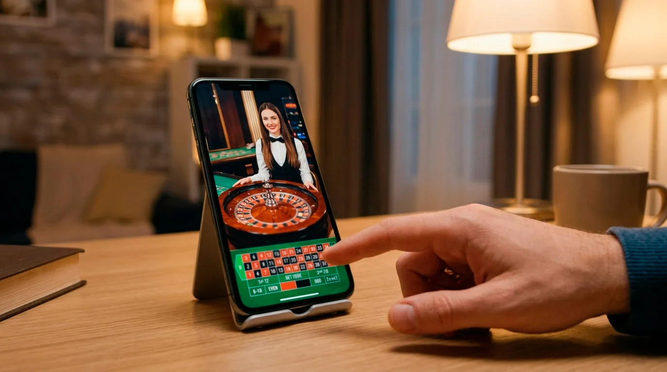 Player watching live roulette stream on mobile device in high definition