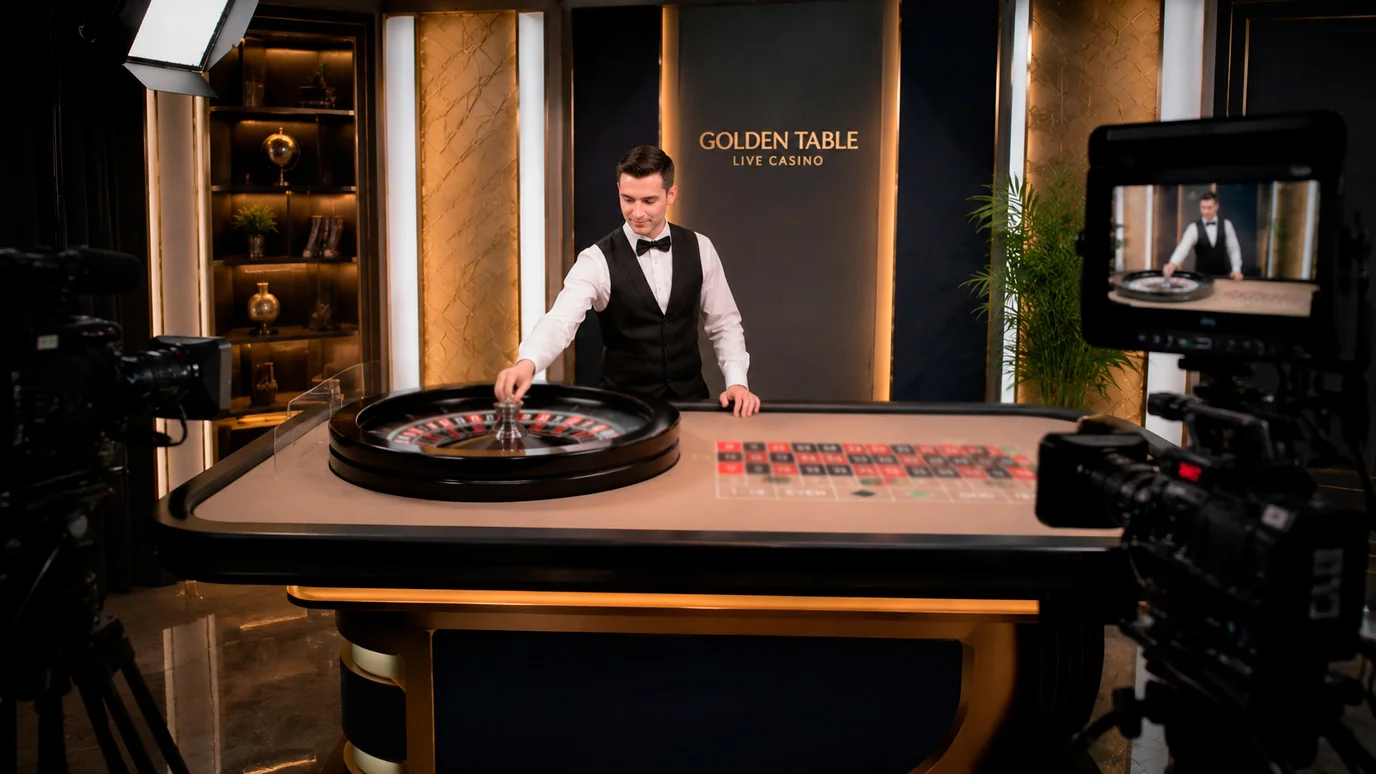 Live roulette table being streamed with professional dealer and wheel in motion