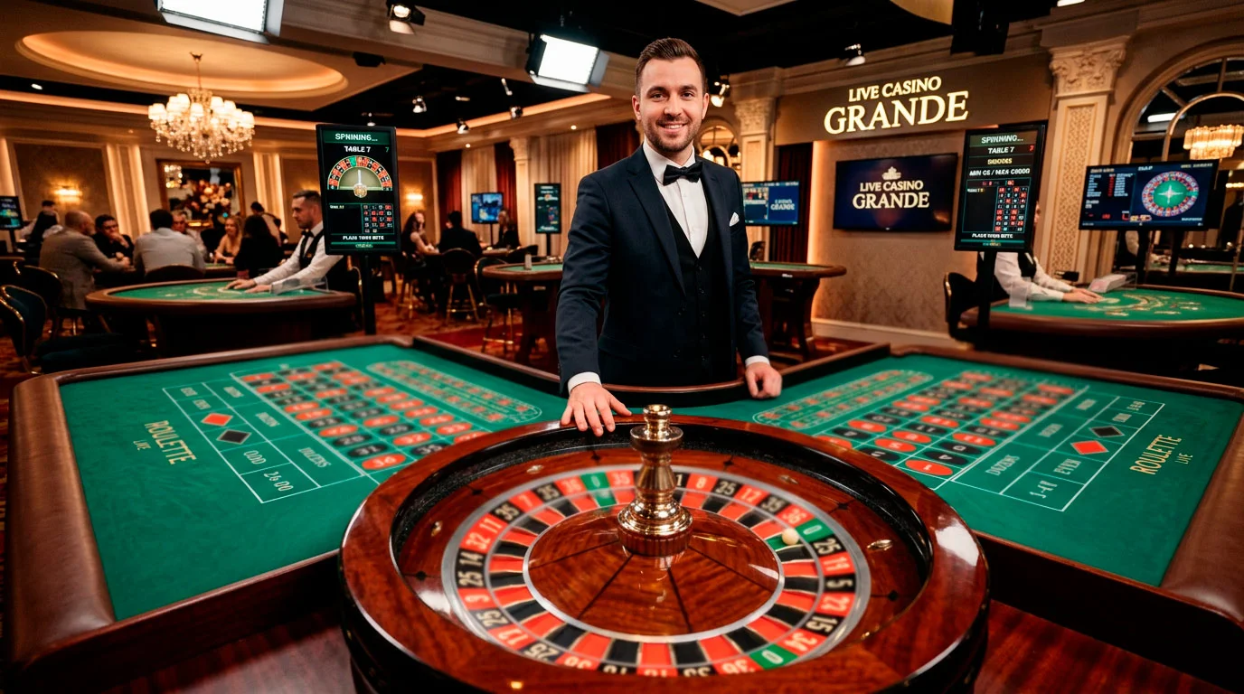 Live roulette table at a UK casino with professional dealer and spinning wheel