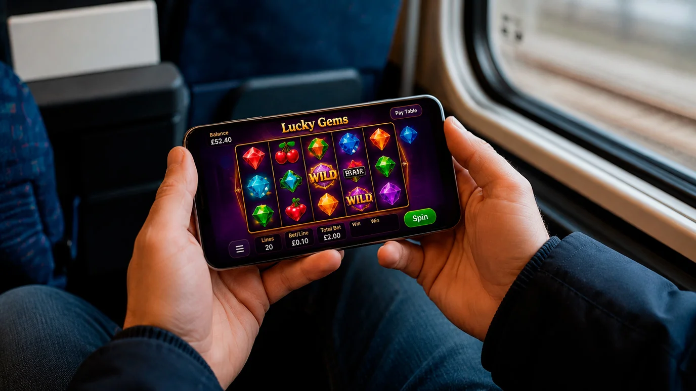 Person playing a mobile casino game on smartphone during a commute