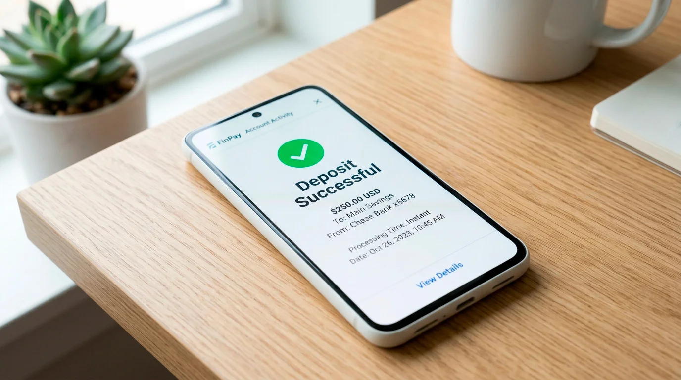Casino deposit confirmation screen showing instant processing via mobile wallet