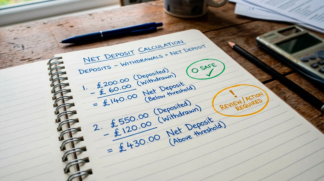 Visual explaining how net deposits are calculated against the £150 threshold