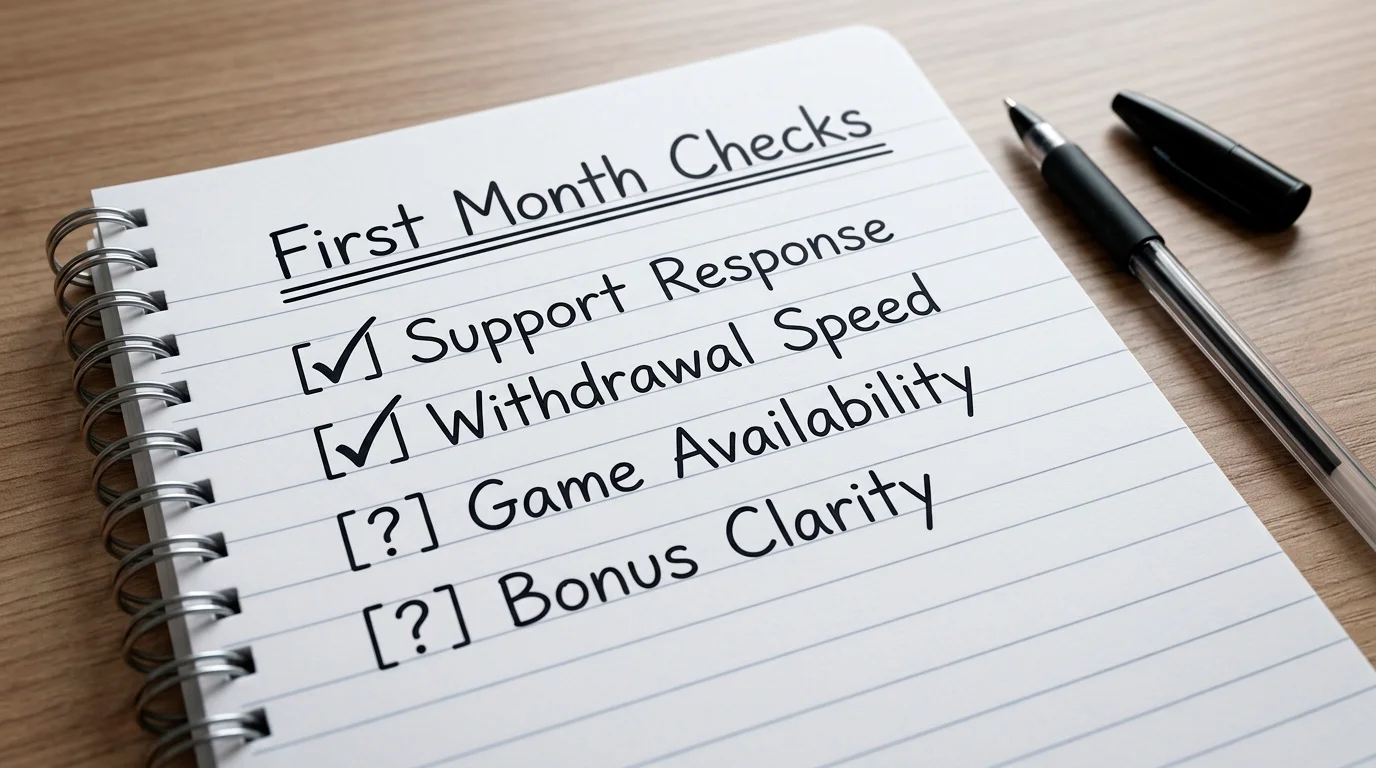 Handwritten monitoring checklist for evaluating a new casino site after signing up