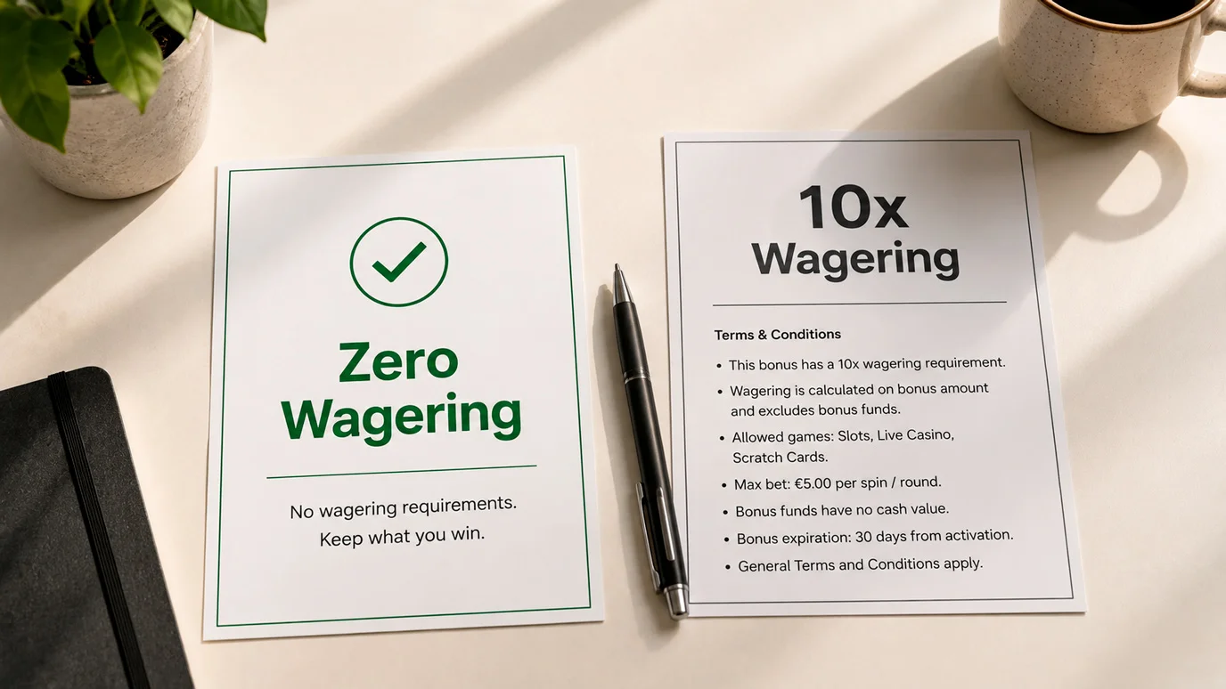 Visual comparison of zero-wagering and low-wagering casino bonus structures