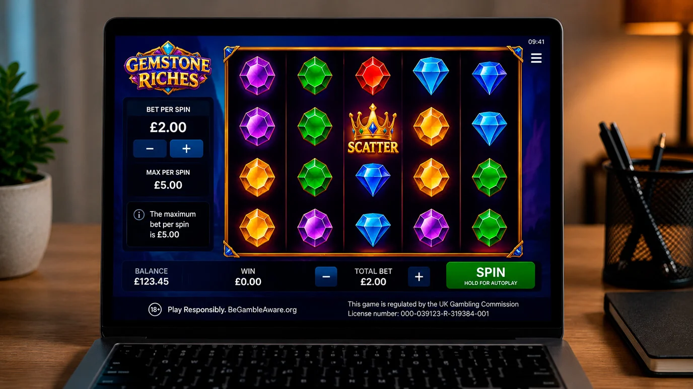 UK online slot showing the £5 maximum stake limit indicator on the game interface