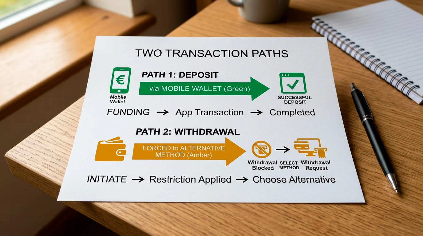Diagram showing how deposit and withdrawal routing differs for mobile wallet users