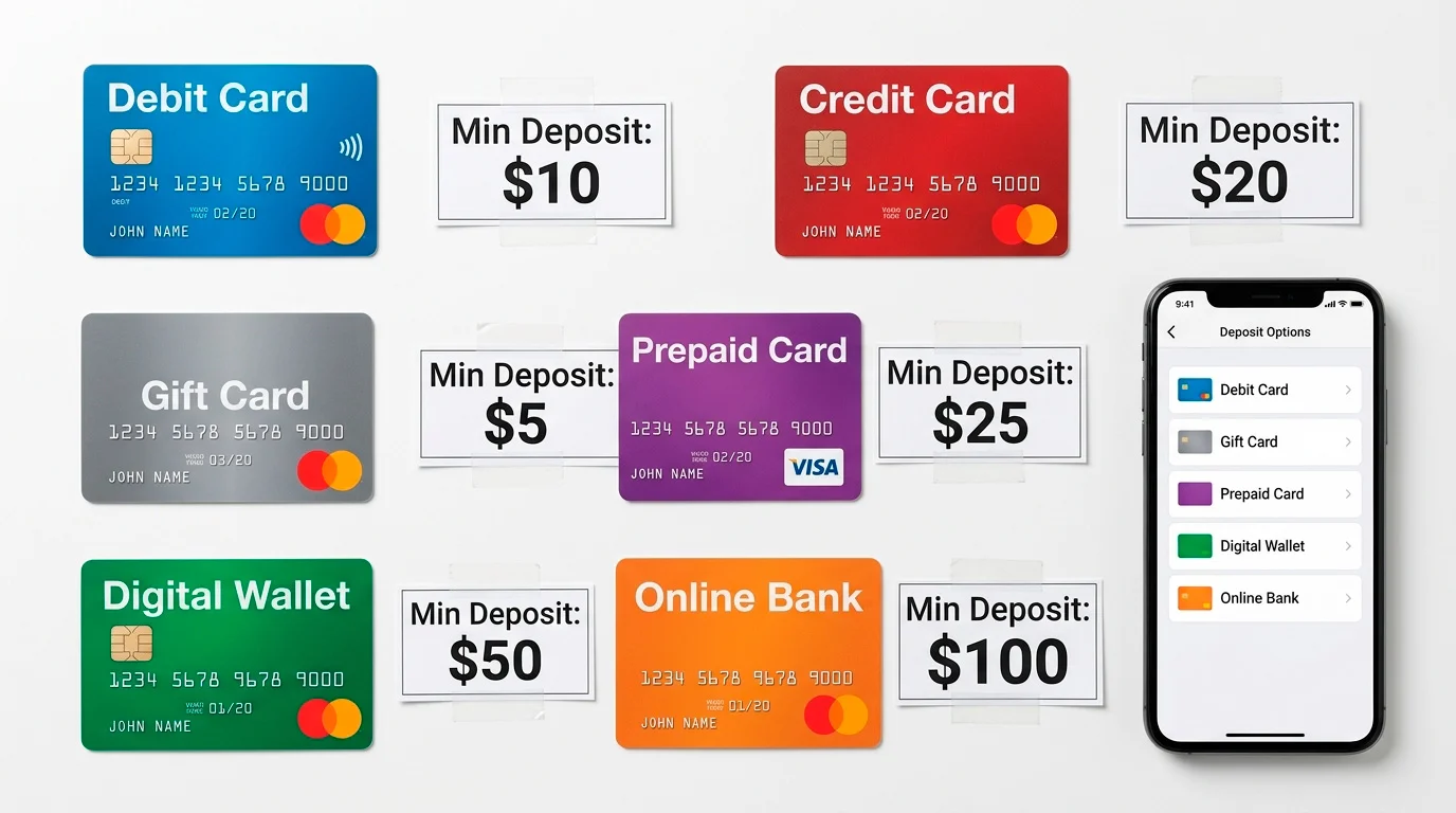Payment method cards displaying their minimum deposit thresholds at UK casinos
