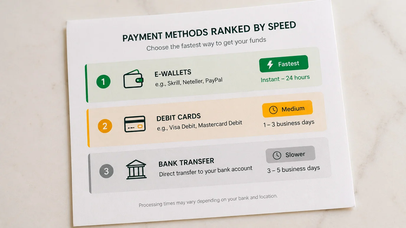 Ranked list of casino payout methods from fastest to slowest for UK players