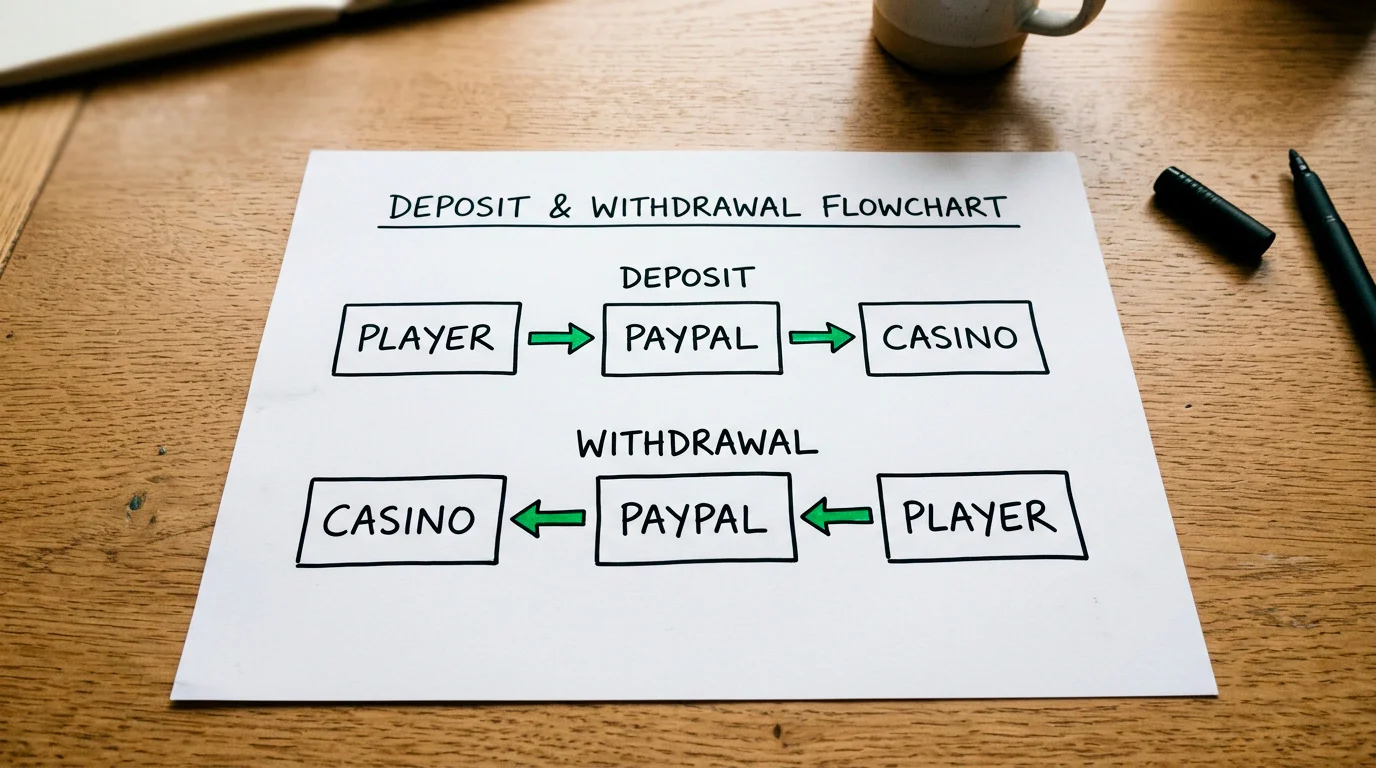 Diagram showing the PayPal transaction flow between player, PayPal, and casino