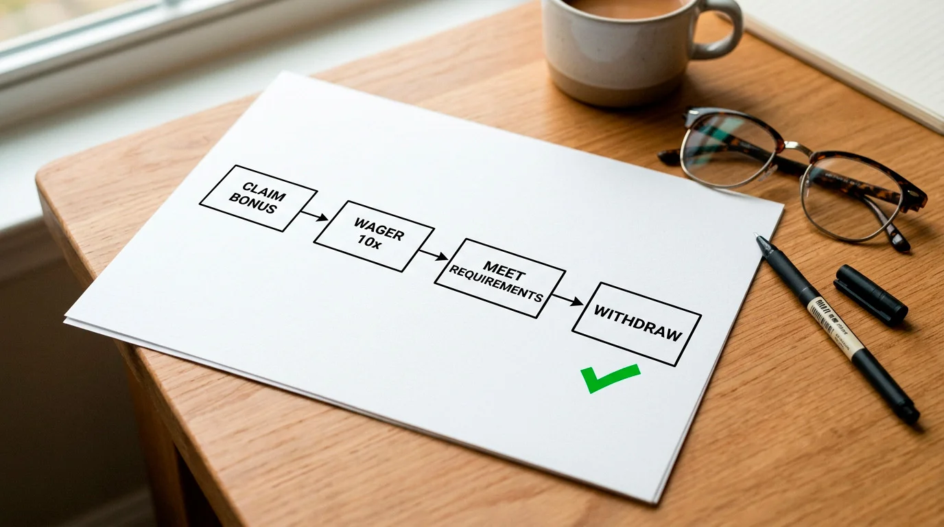 Flowchart showing the path from bonus claim to successful withdrawal under 10x wagering