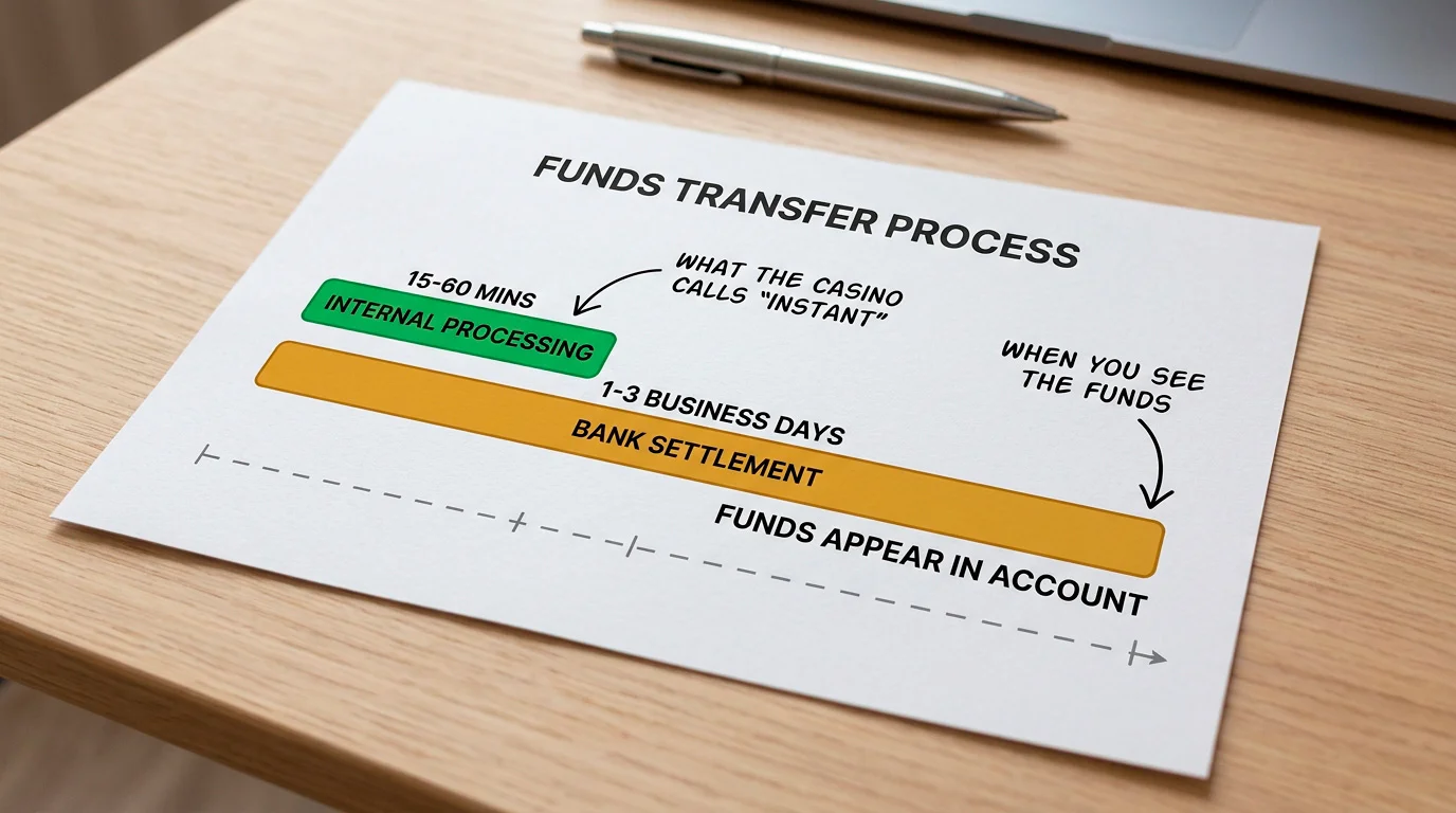 Timeline diagram distinguishing internal processing from bank settlement times