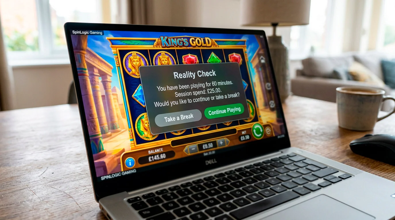 Casino reality check notification showing session duration and spending information