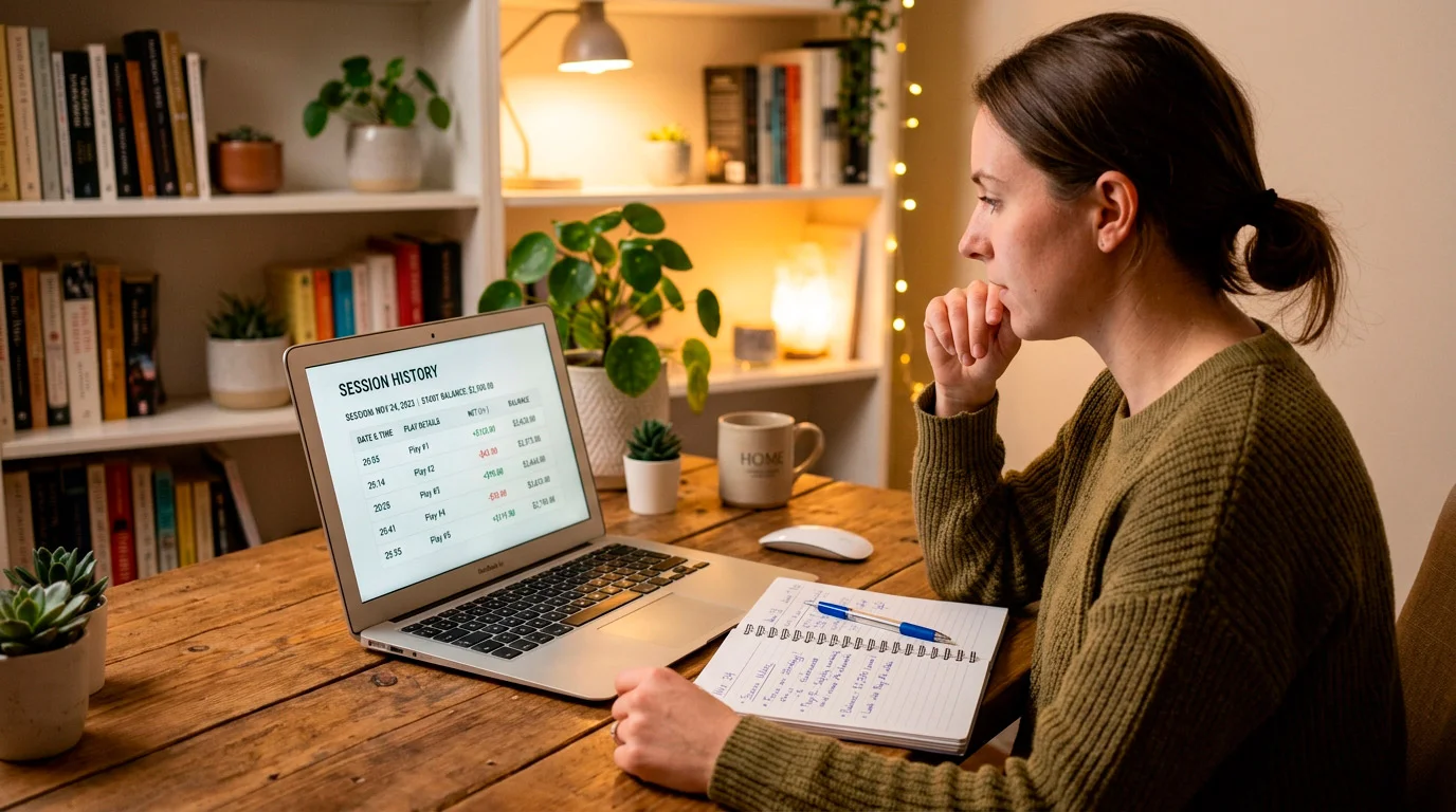 Player reviewing slot game session history and balance on laptop screen