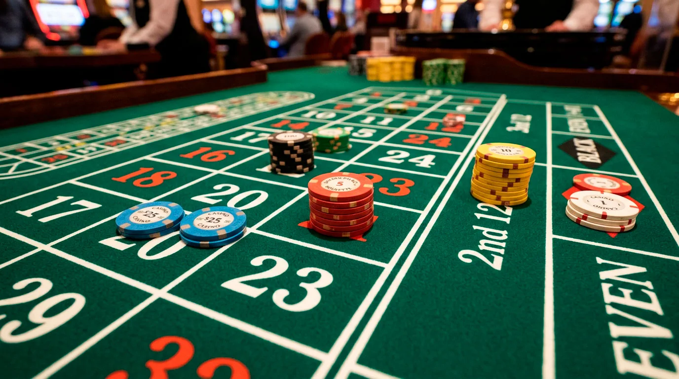 Roulette chips placed on betting layout showing different wager types