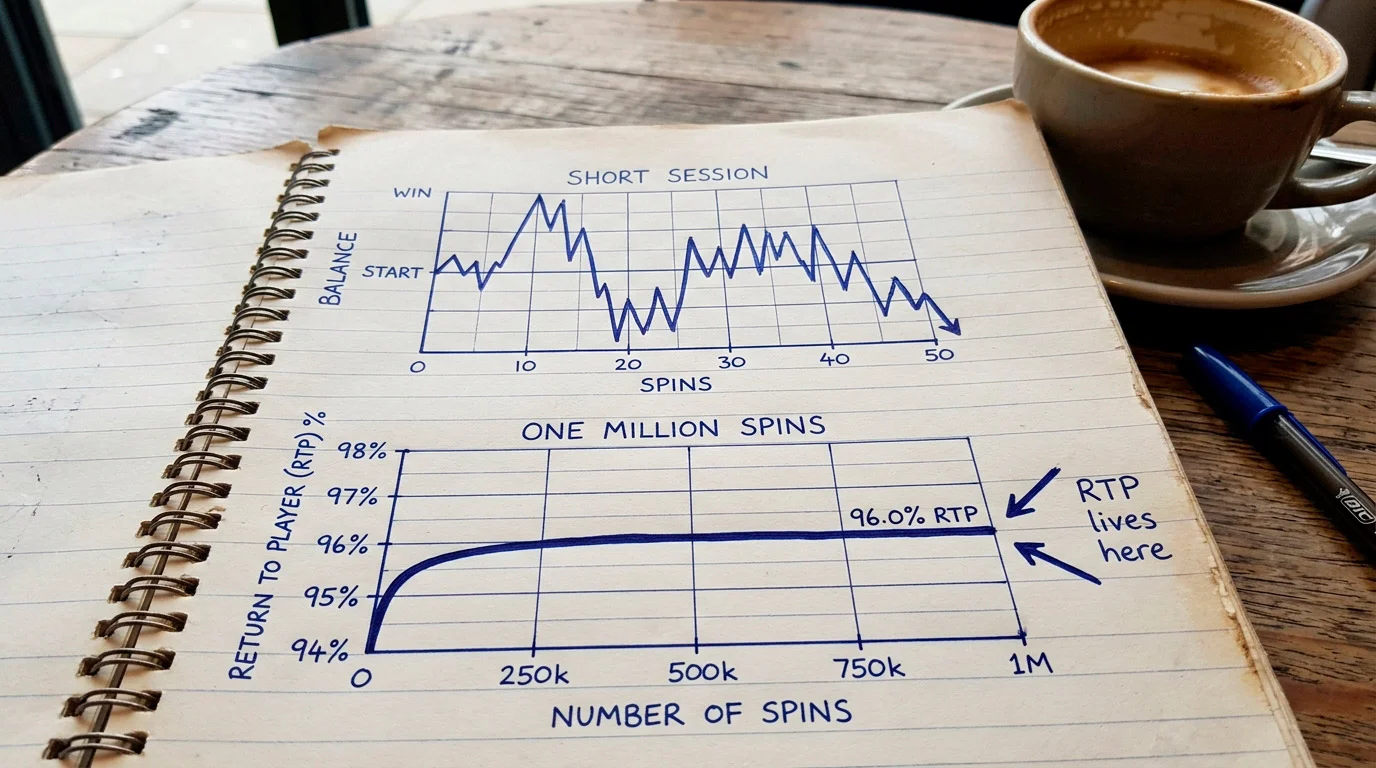 Visual demonstrating that RTP is a long-term statistical average not a session guarantee