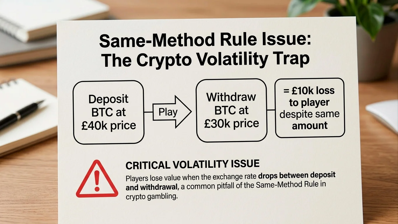Visual explaining how the same-method rule creates problems for cryptocurrency casino deposits