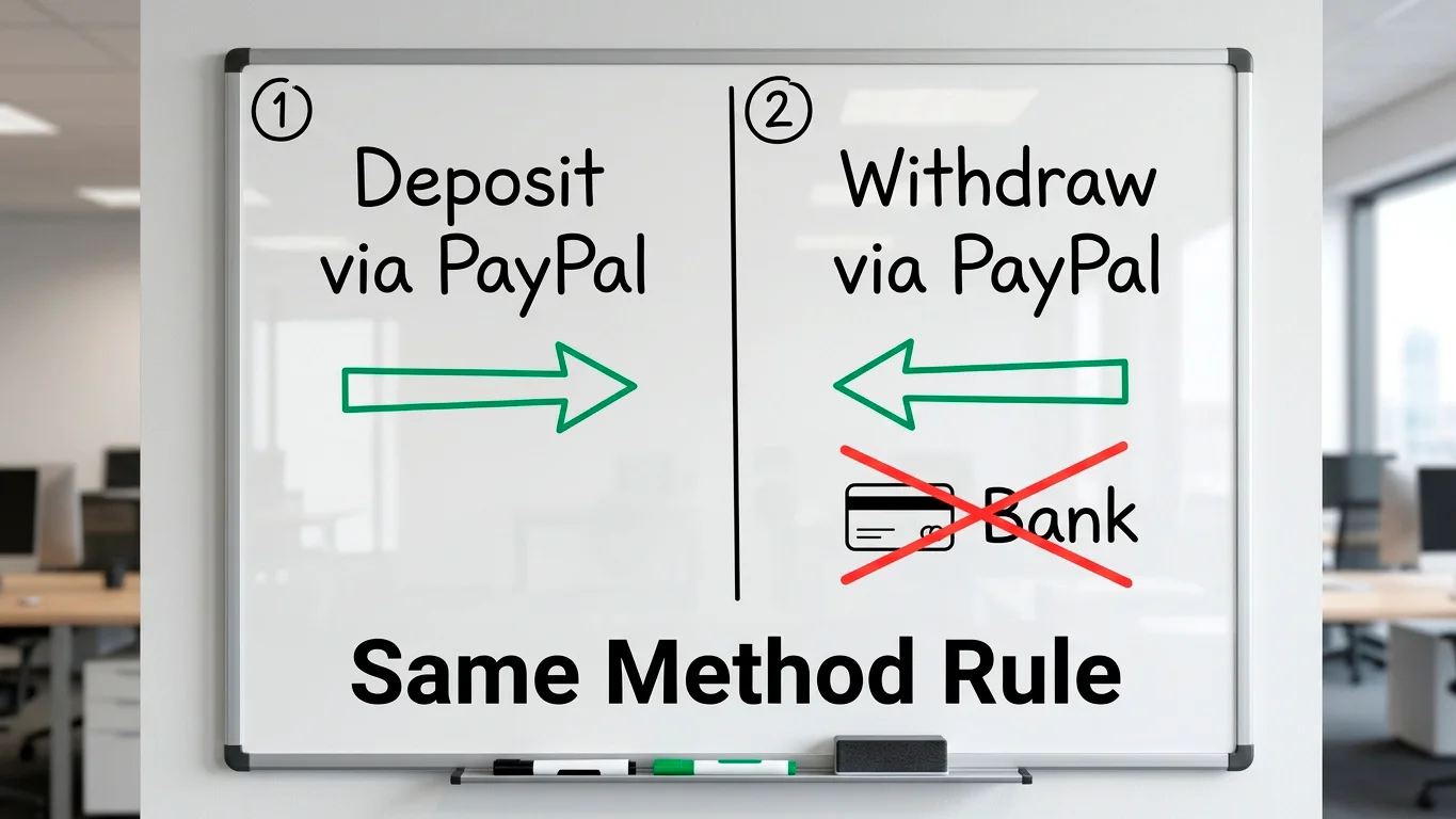 Visual explaining the same-method rule for casino deposits and withdrawals