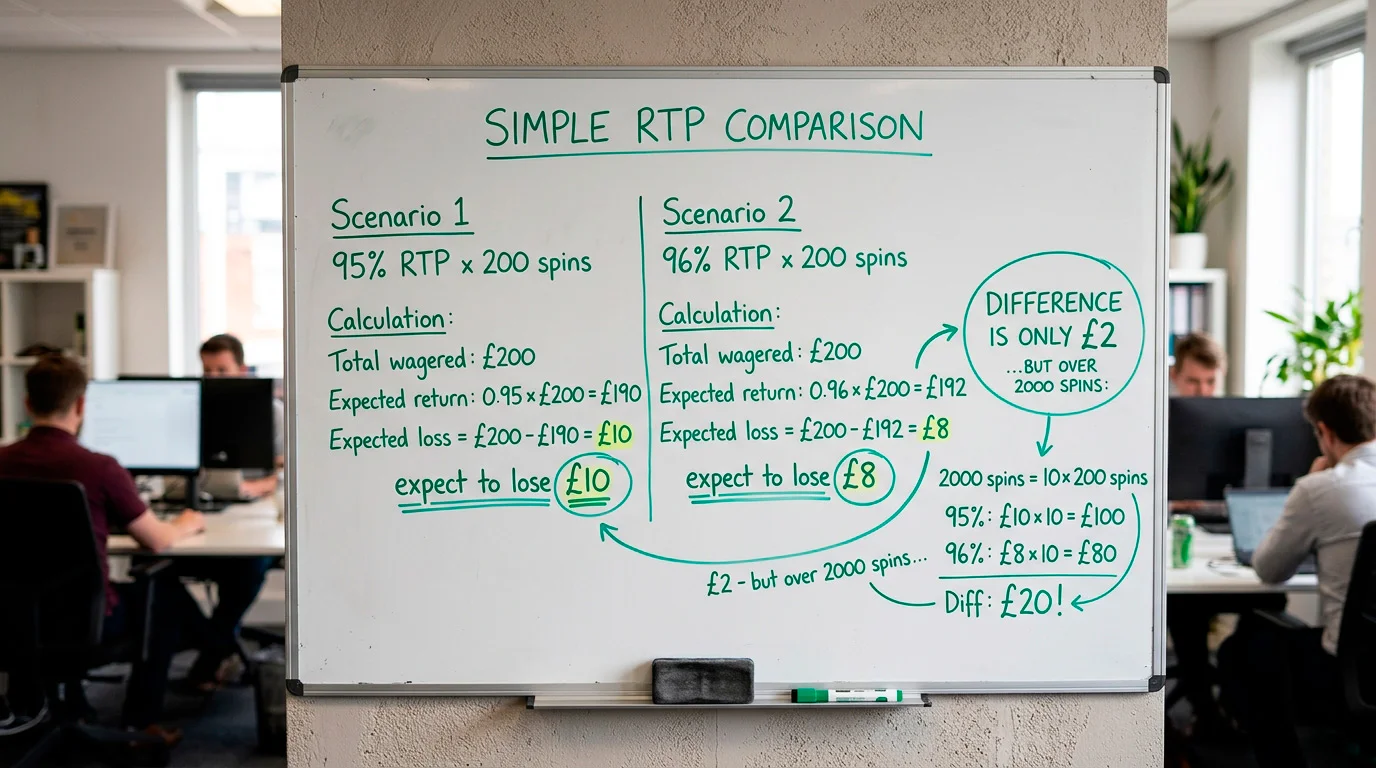 Visual demonstrating how session length amplifies the impact of RTP differences