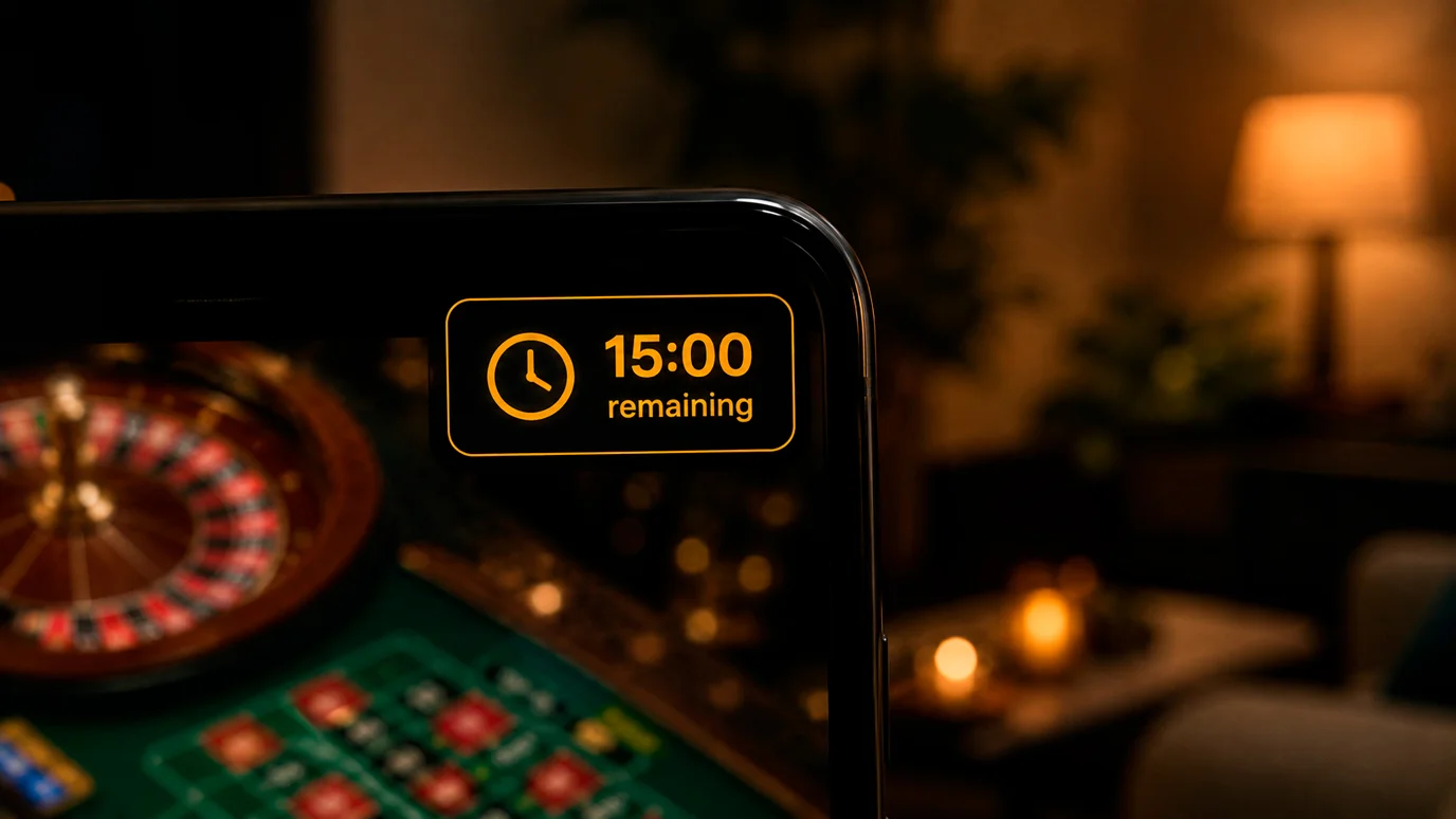 Casino session timer displaying remaining play time before automatic pause