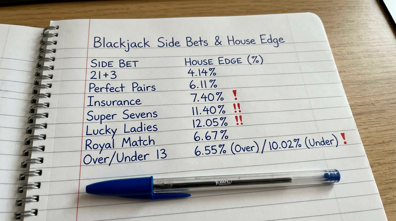 Document comparing house edge percentages for common blackjack side bets