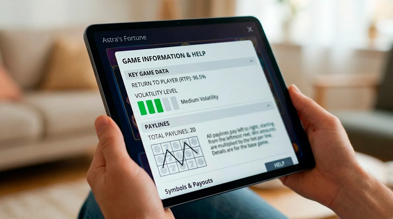 Slot game information screen displaying RTP and volatility data for UK players