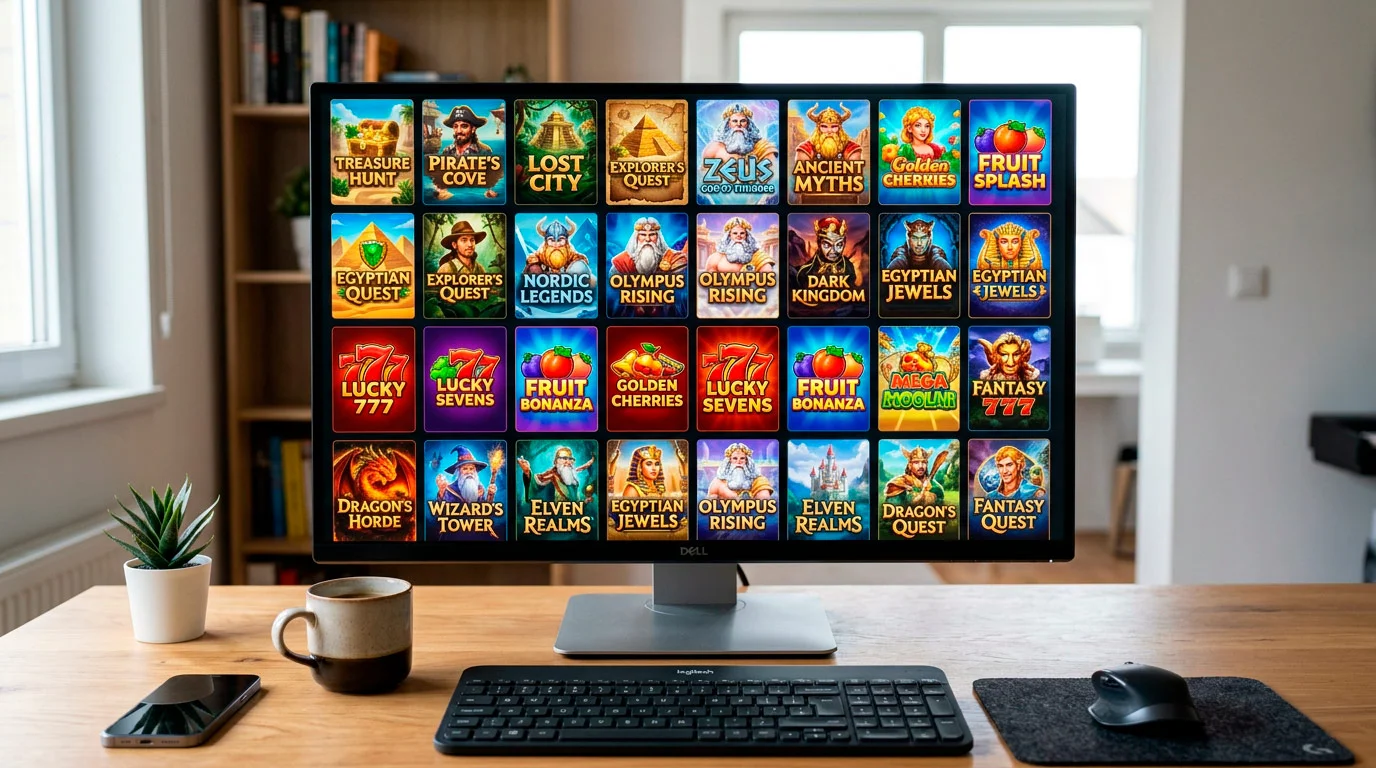 Display of diverse slot game titles showing variety in themes and styles