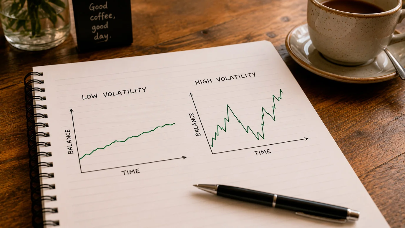 Visual showing how slot volatility creates different session outcomes despite same RTP
