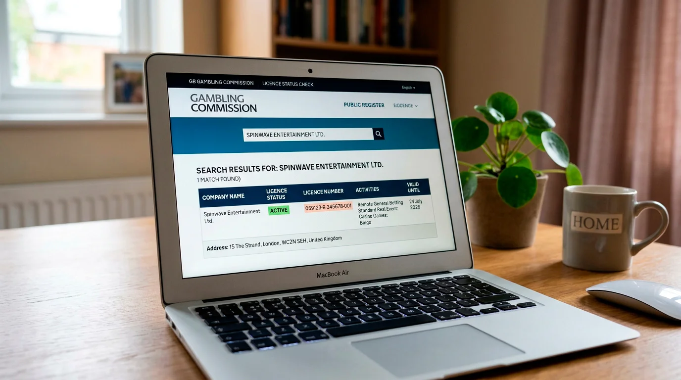 Browser showing the UKGC licence register search being used to verify a casino
