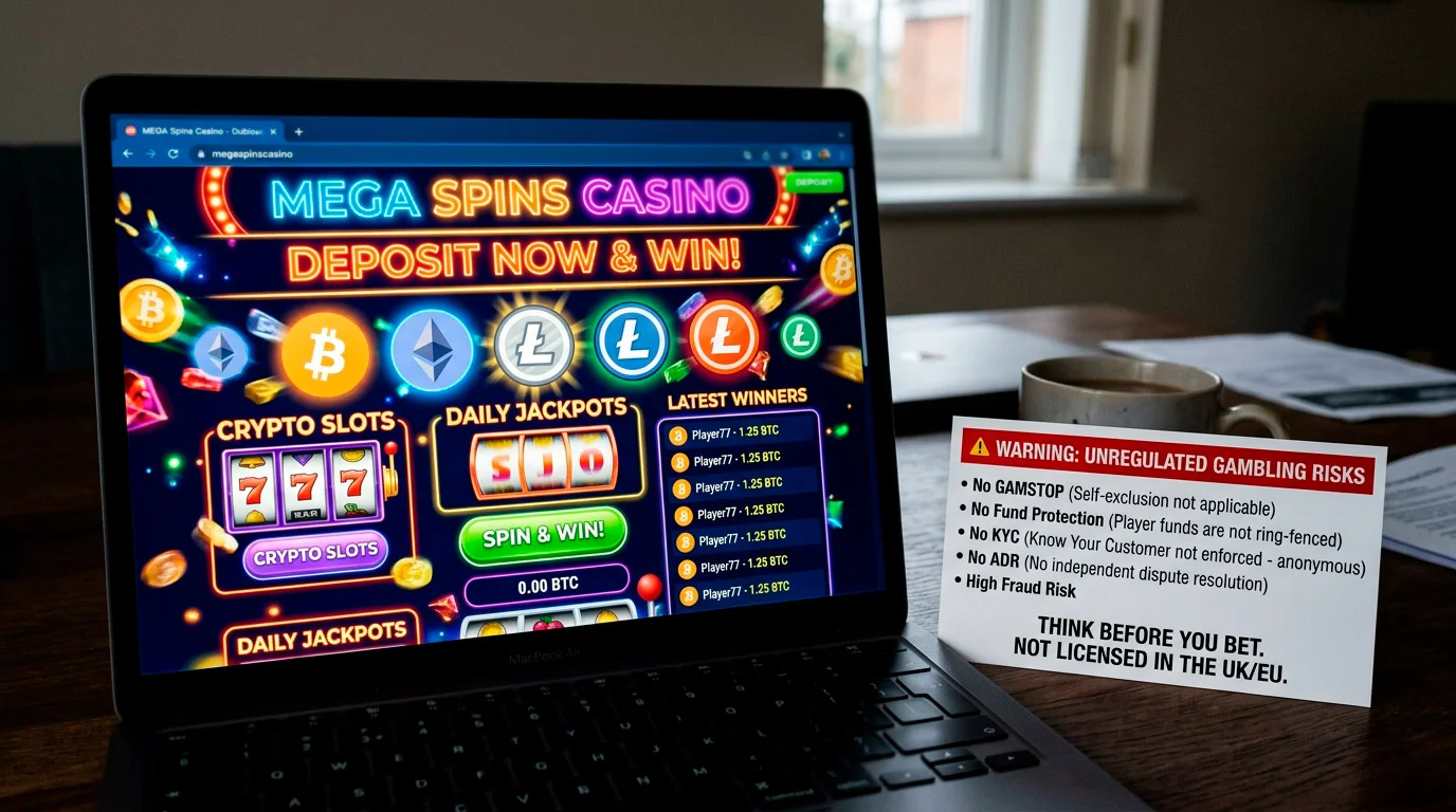 Warning visual about risks of unlicensed cryptocurrency gambling sites for UK players