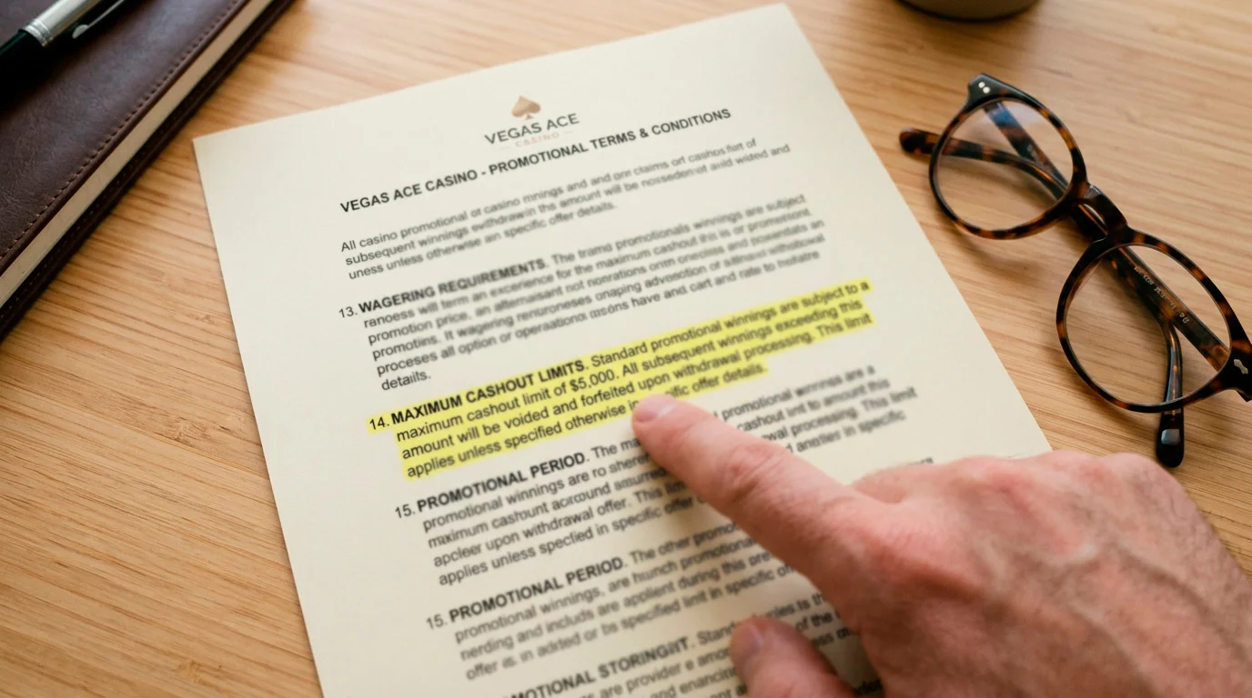 Close-up of casino bonus terms and conditions document highlighting wagering requirements