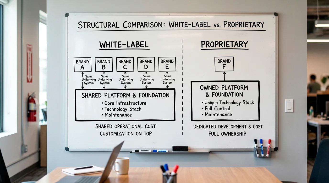 Diagram showing the difference between white-label and proprietary casino platforms