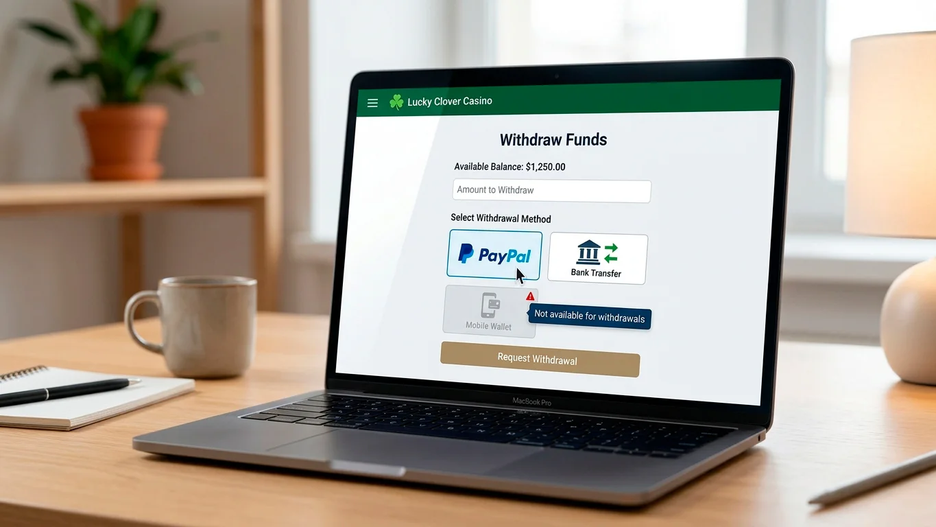 Casino withdrawal screen showing limited payment method options for cashout
